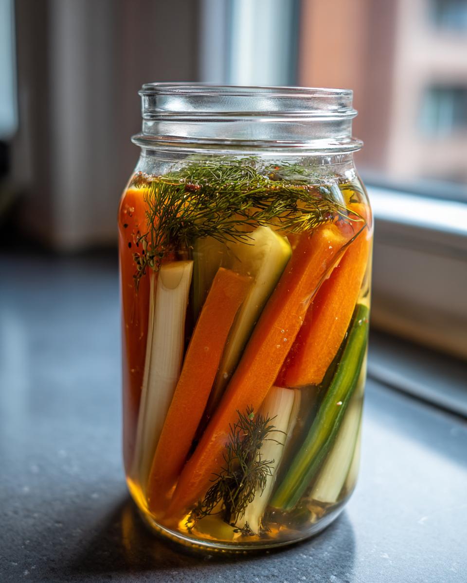 Close-up of carrots, celery, and white vegetables packed in a jar for Garlic Herb Pickled Veggie Sticks with dill.