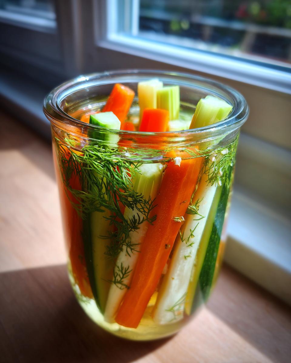 A glass jar filled with colorful, stick-cut carrots, celery, and cucumbers soaking in brine with fresh dill for Garlic Herb Pickled Veggie Sticks.