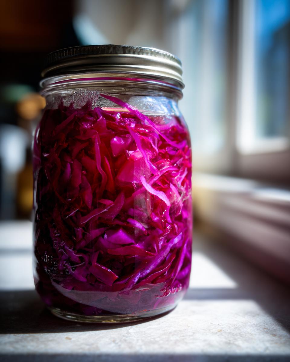 A glass jar filled with bright magenta pickled red cabbage or onions, showing the Pickled Red Onion Magic soaking in liquid.