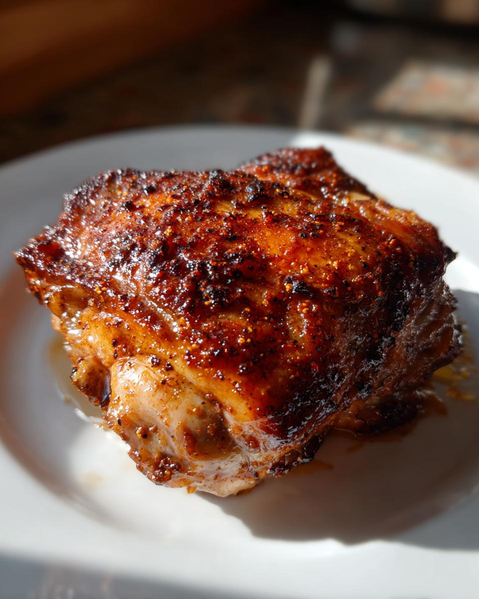 Close-up of one perfectly cooked, seasoned, and browned Juicy Slow Cooker Chicken Thighs on a white plate.