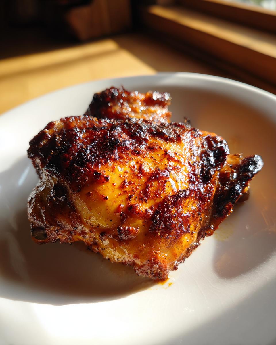 Close-up of a perfectly browned, crispy skin on Juicy Slow Cooker Chicken Thighs served on a white plate.