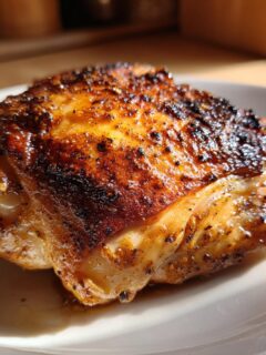 Close-up of a perfectly cooked, juicy slow cooker chicken thigh with crispy, browned skin.