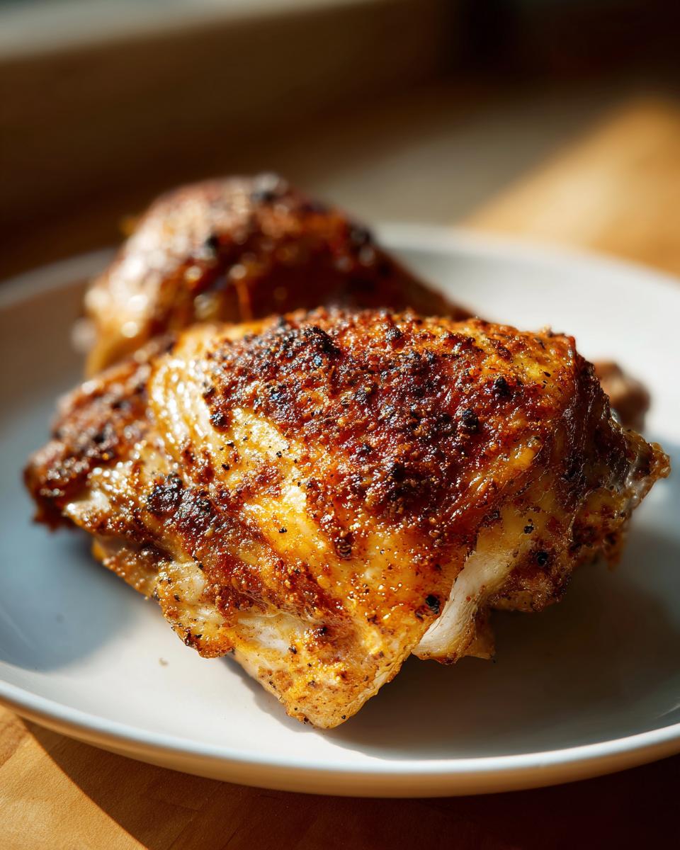 Close-up of perfectly browned, seasoned Juicy Slow Cooker Chicken Thighs on a white plate.