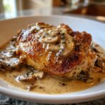 Close-up of a perfectly seared Keto Smothered Chicken Thighs topped with creamy mushroom sauce and fresh thyme.
