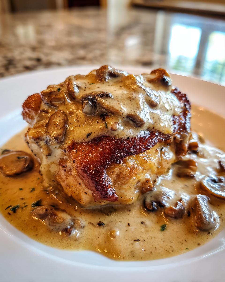 Close-up of a perfectly seared Keto Smothered Chicken Thighs covered in a rich, creamy mushroom sauce.