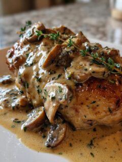 A beautifully cooked chicken thigh smothered in creamy mushroom sauce, garnished with fresh thyme, representing Keto Smothered Chicken Thighs.
