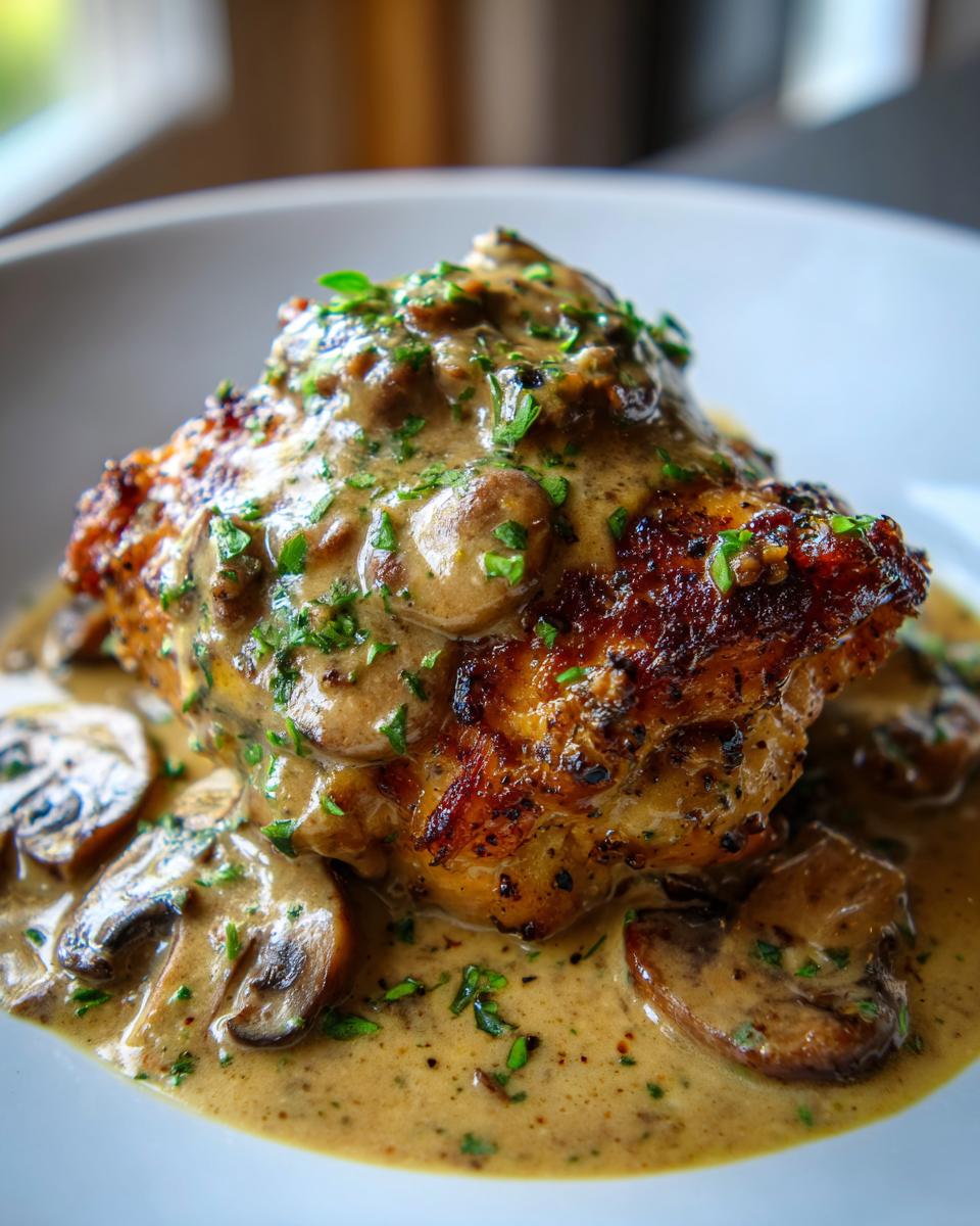 Close-up of a perfectly seared Keto Smothered Chicken Thighs topped generously with creamy mushroom sauce and fresh parsley.