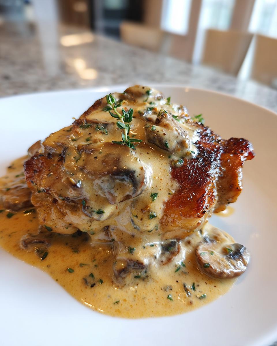 A perfectly cooked Keto Smothered Chicken Thighs topped with creamy mushroom sauce and fresh thyme.