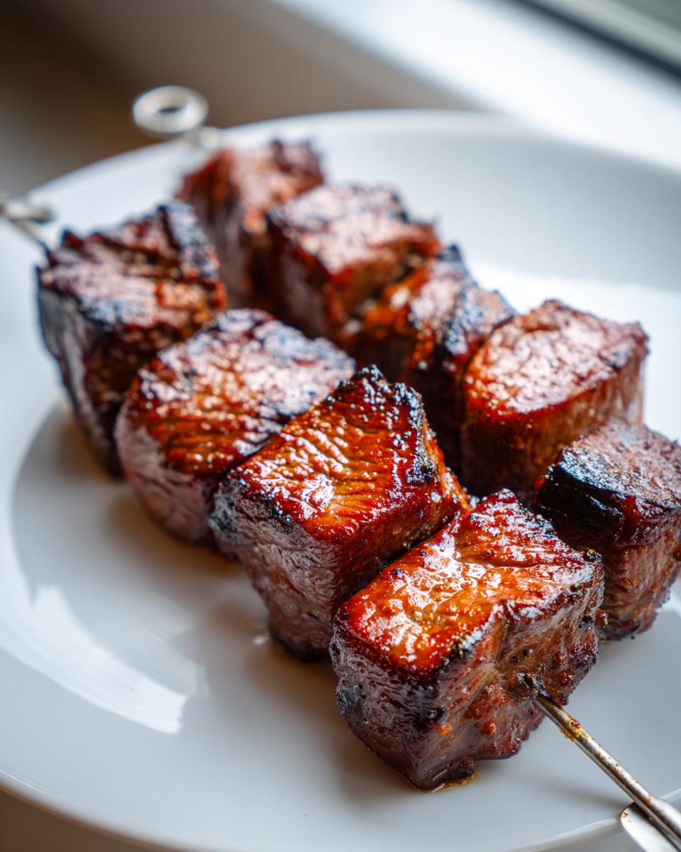 Close-up of perfectly grilled, caramelized Korean Beef Skewers resting on a white plate.