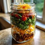 A clear glass jar layered with ingredients for a Taco Salad In A Jar, showing ground meat, rice, cheese, lettuce, and salsa.