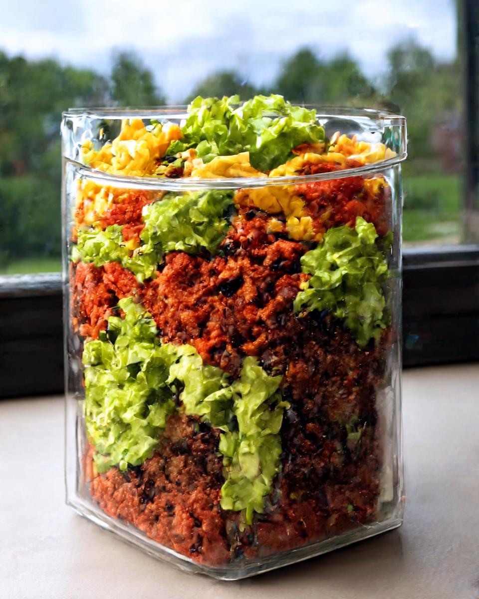 Close-up of a layered Taco Salad In A Jar showing ground meat, guacamole, lettuce, and cheese.