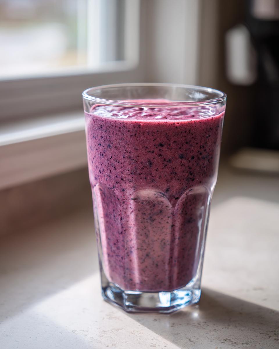 Close-up of a vibrant purple Lemon Blueberry Avocado Smoothie in a tall glass sitting on a countertop near a window.