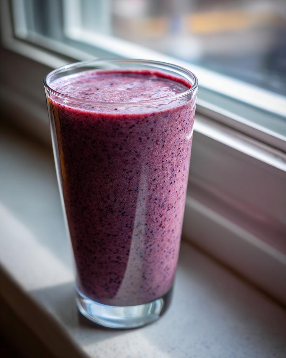 A tall glass filled with a thick, deep purple Lemon Blueberry Avocado Smoothie sitting on a windowsill.