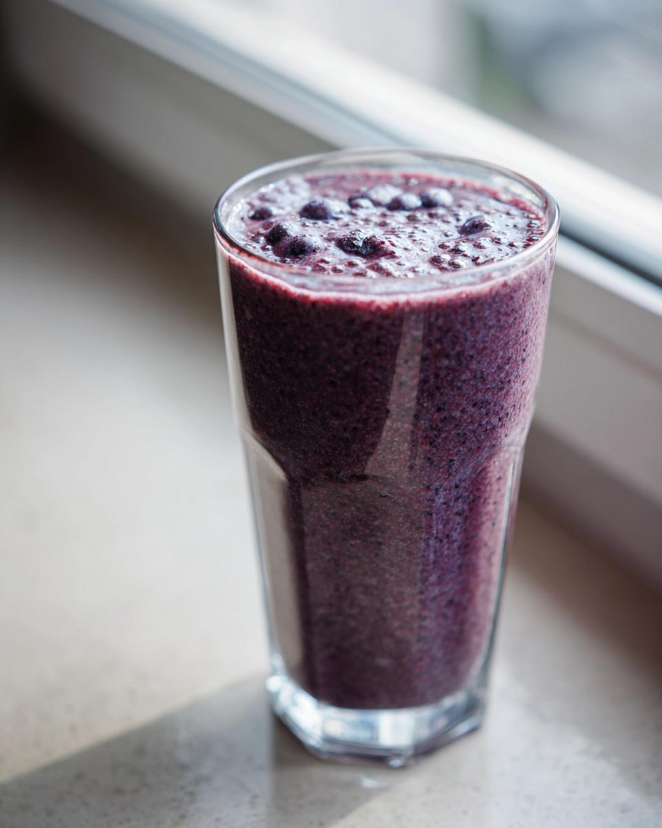 A tall glass filled with a thick, dark purple Lemon Blueberry Avocado Smoothie, sitting on a windowsill.
