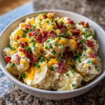 A creamy bowl of Loaded Potato Salad topped generously with crumbled bacon, shredded cheddar cheese, and fresh chives.