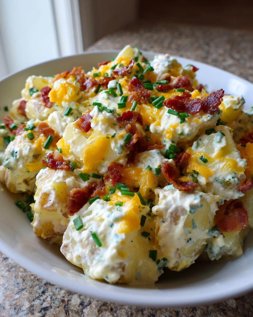 A creamy bowl of Loaded Potato Salad topped generously with crumbled bacon, shredded cheddar cheese, and fresh chives.