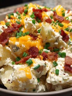 Close-up of a bowl filled with creamy Loaded Potato Salad topped generously with crumbled bacon, shredded cheddar cheese, and fresh chives.