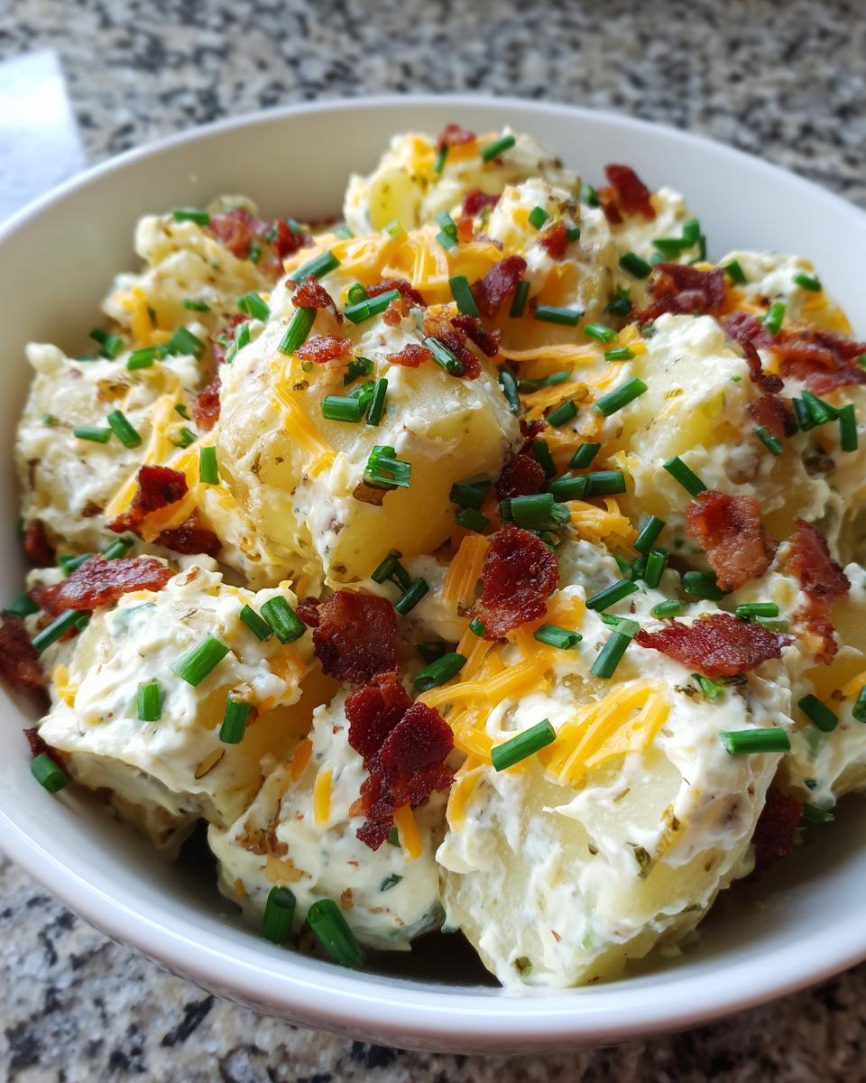 A close-up view of creamy Loaded Potato Salad topped with crumbled bacon, shredded cheddar cheese, and fresh green chives.