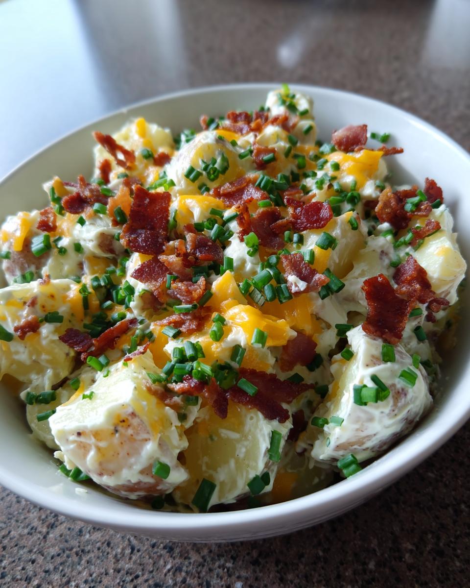 Close-up of a white bowl filled with creamy Loaded Potato Salad topped with cheddar cheese, bacon bits, and fresh chives.