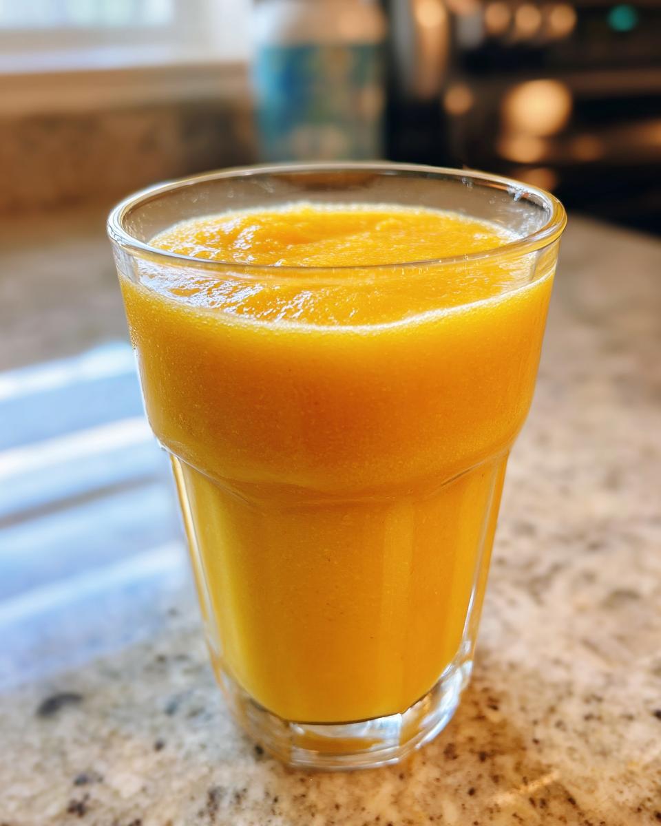 Close-up of a vibrant orange Mango Pineapple Cucumber Smoothie in a clear glass on a speckled countertop.