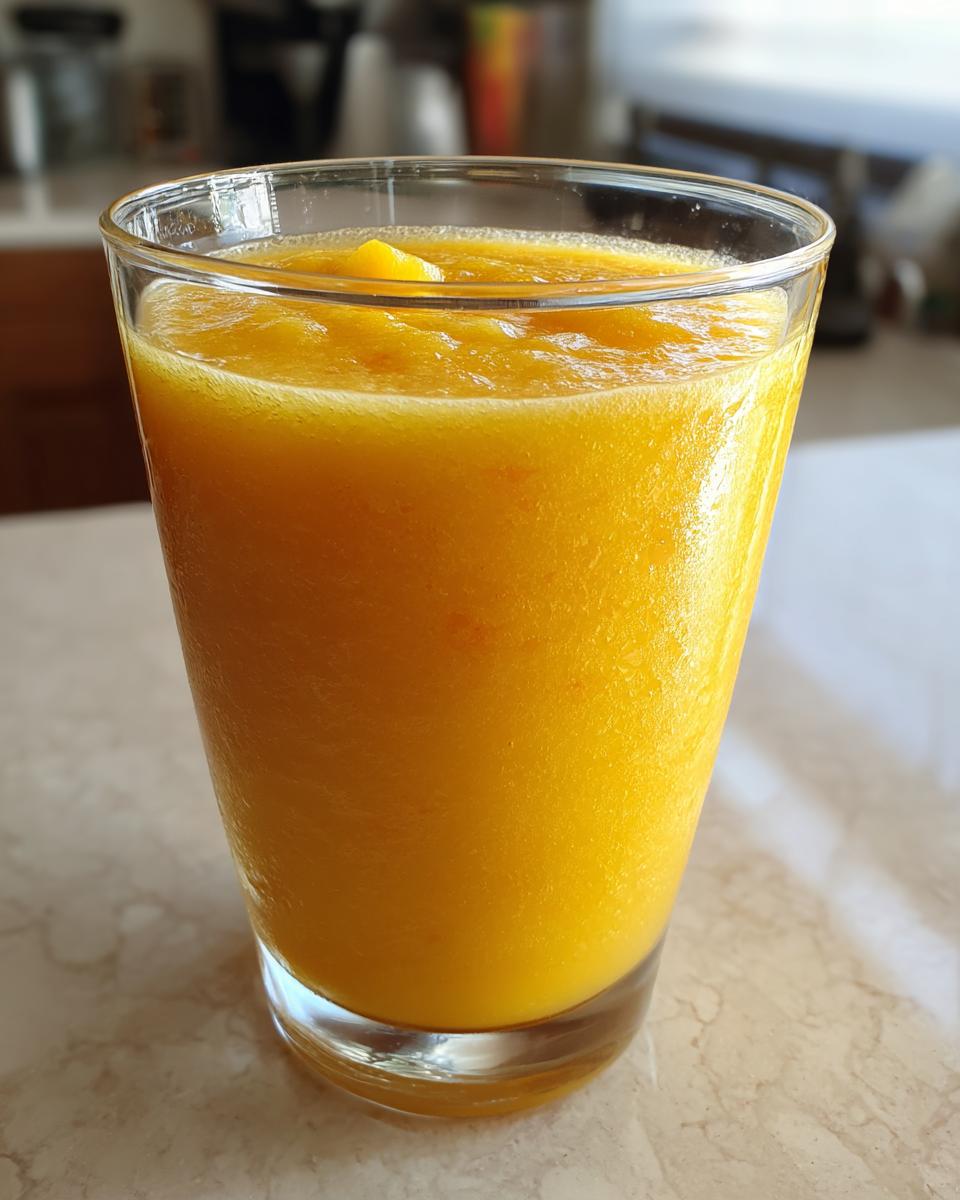 Close-up of a vibrant, thick Mango Pineapple Cucumber Smoothie served in a clear glass.