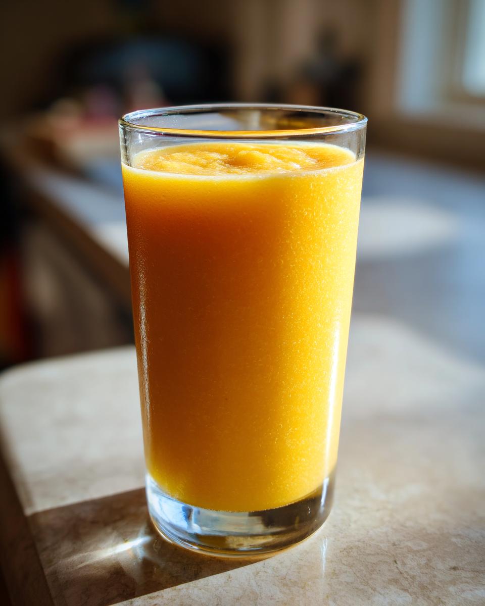 A tall glass filled with a vibrant, thick Mango Pineapple Cucumber Smoothie sitting on a light countertop.