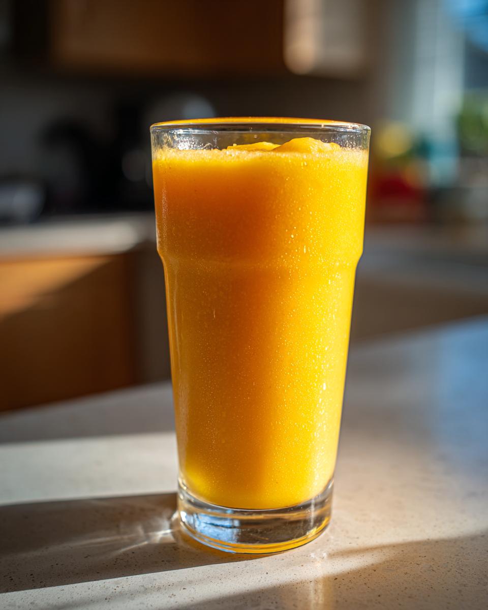 A tall glass filled with a vibrant, thick Mango Pineapple Cucumber Smoothie sitting on a kitchen counter.