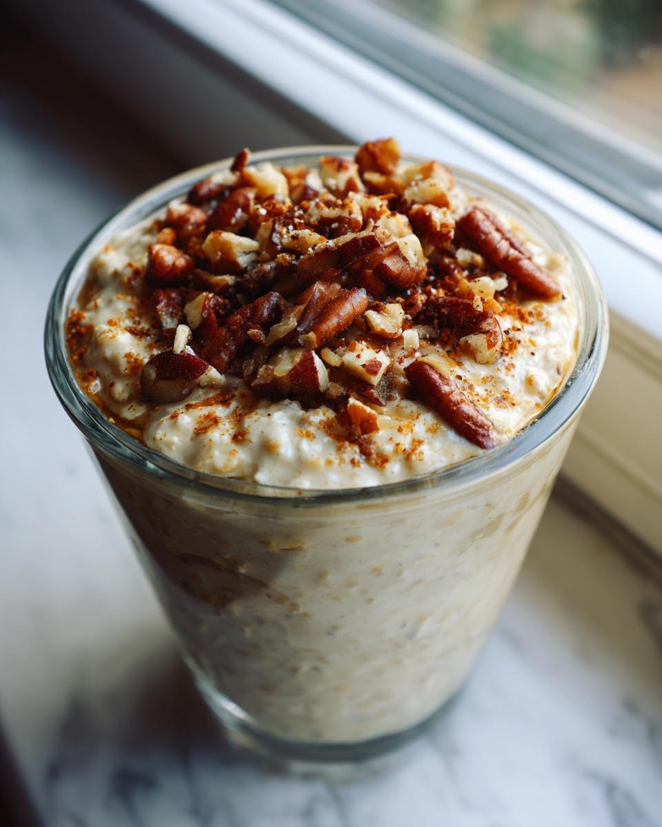 Close-up of Maple Pecan Overnight Oats topped generously with chopped pecans and cinnamon.