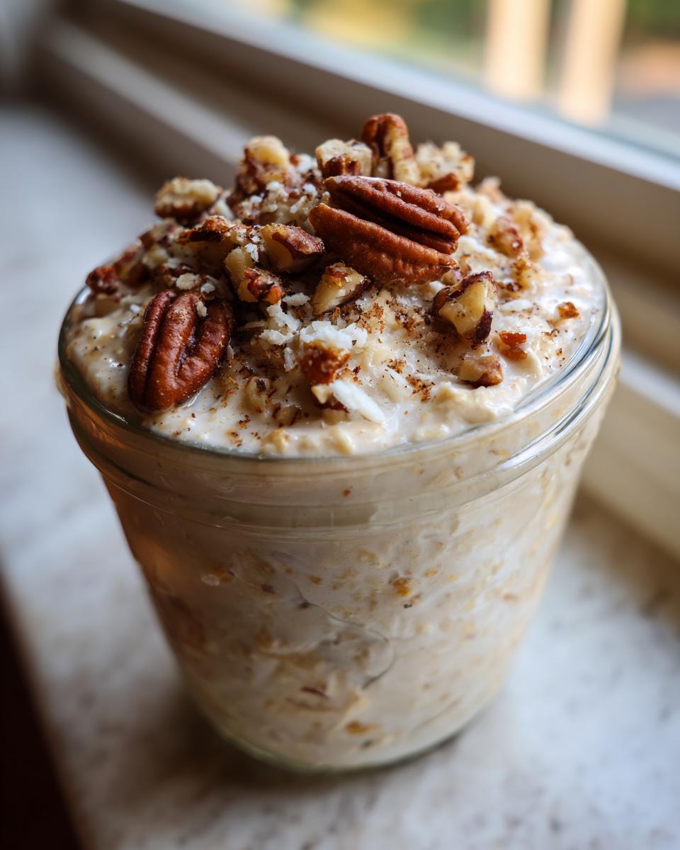 Close-up of Maple Pecan Overnight Oats in a jar, topped generously with whole and chopped pecans and a dusting of spice.