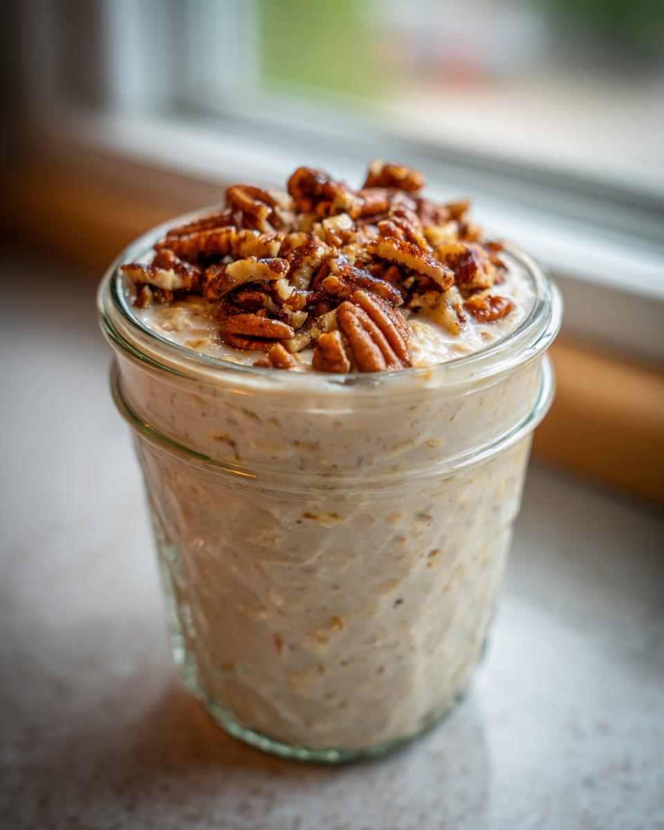 Close-up of Maple Pecan Overnight Oats in a glass jar, topped generously with candied pecans.
