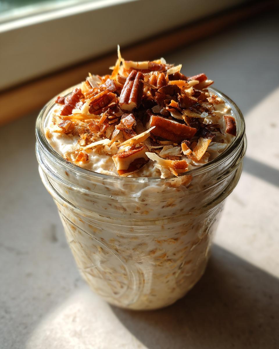 A glass jar filled with creamy Maple Pecan Overnight Oats, topped generously with toasted pecans and coconut flakes.