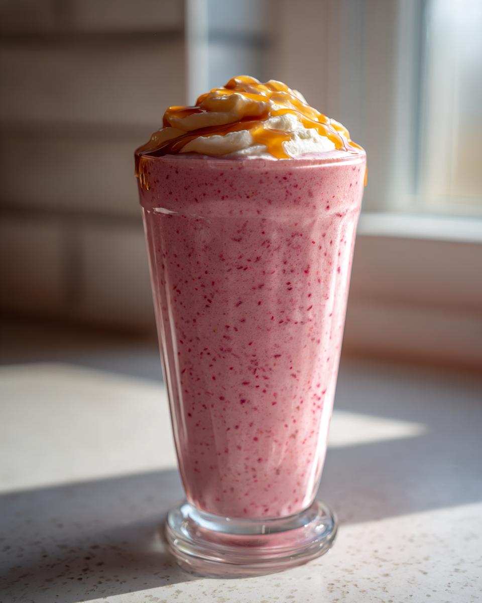 A tall glass of pink Maple Strawberry Milkshake topped with whipped cream and caramel sauce.