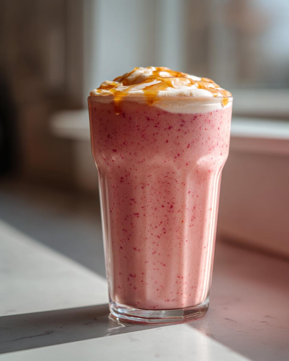 A tall glass of pink Maple Strawberry Milkshake topped with whipped cream and caramel sauce.