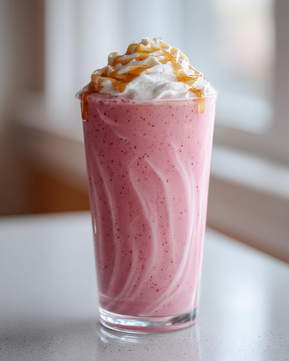 A tall glass of pink Maple Strawberry Milkshake topped with whipped cream and a caramel drizzle.