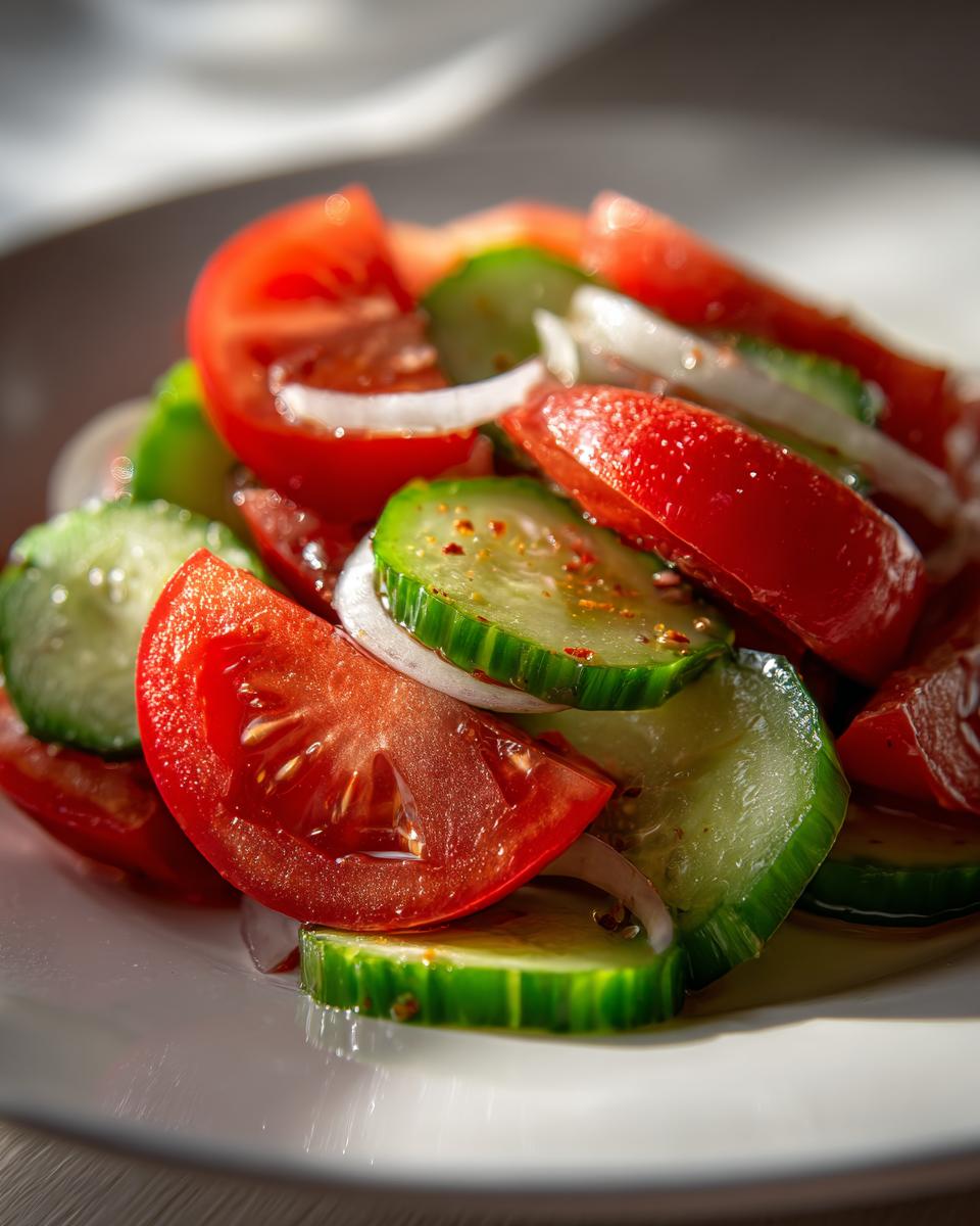 Close-up of a fresh salad featuring sliced tomatoes, cucumbers, and onions, seasoned for Marinated Cucumbers Onions And Tomatoes.