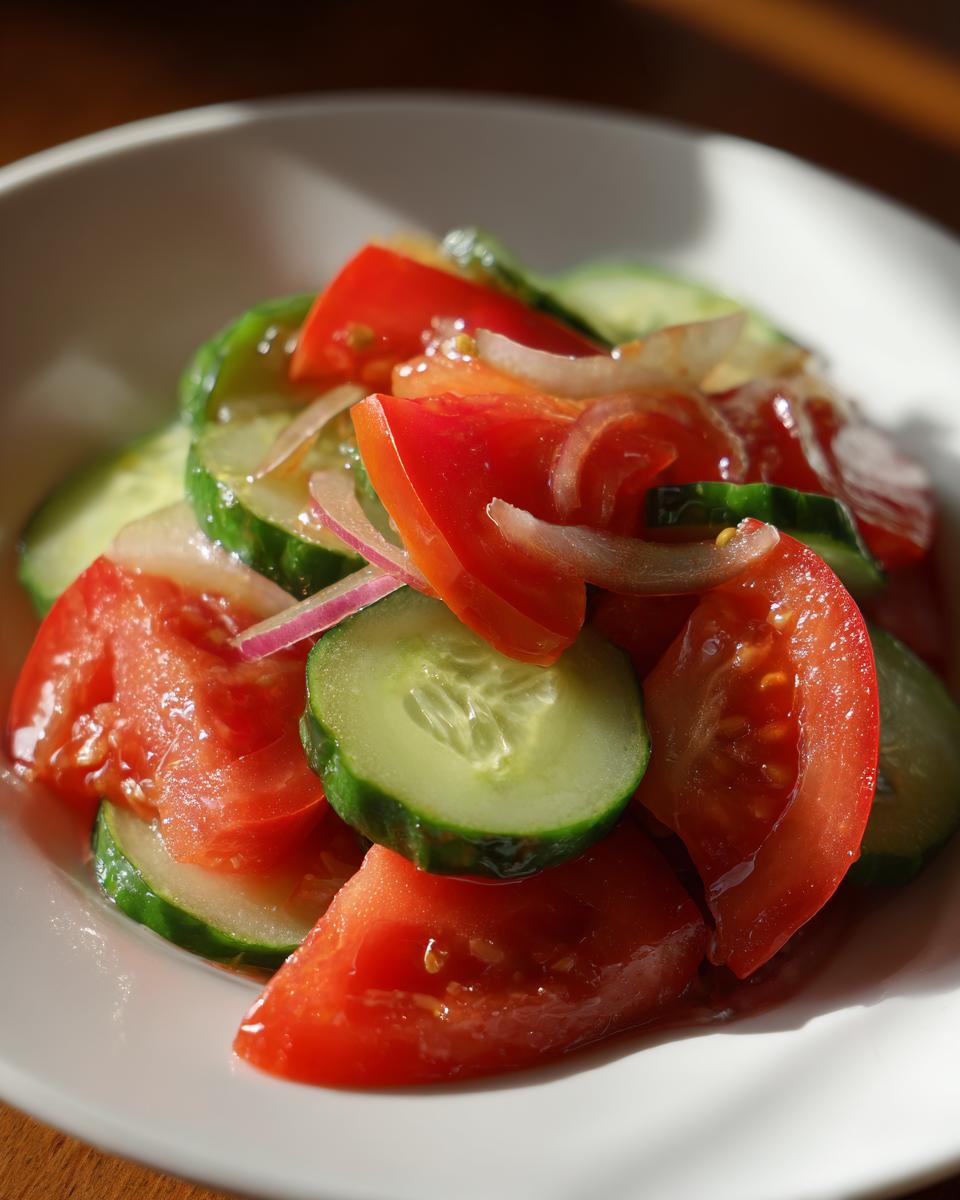 Close-up of Marinated Cucumbers Onions And Tomatoes salad in a white bowl, glistening with dressing.