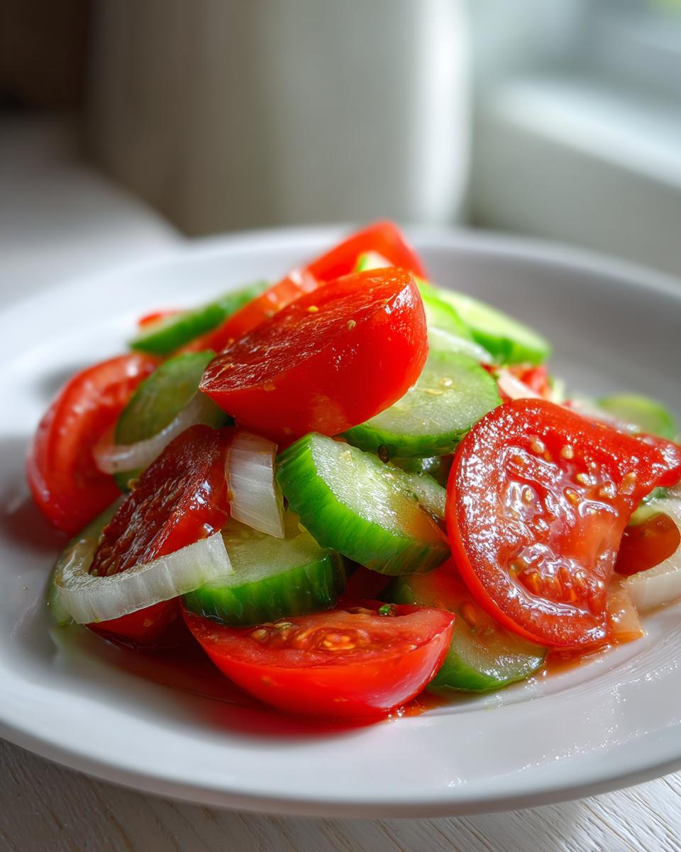 Close-up of a fresh salad featuring sliced tomatoes, cucumbers, and onions, showcasing the Marinated Cucumbers Onions And Tomatoes.
