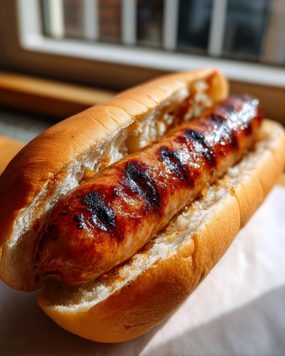 Close-up of a juicy, grilled hot dog with char marks served in a soft bun, highlighting the Marinated Grilled Hot Dogs.