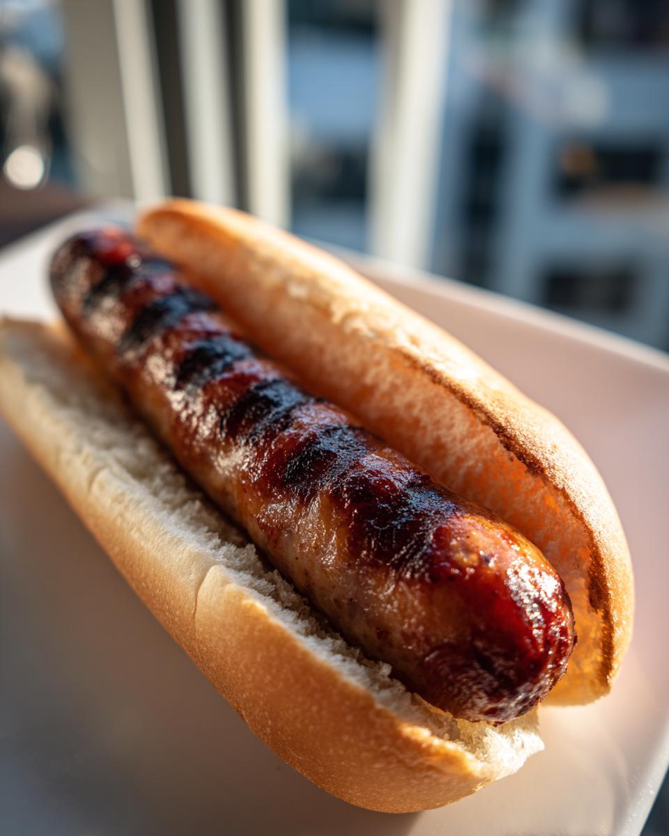 Close-up of a grilled, slightly charred sausage in a soft bun, representing Marinated Grilled Hot Dogs.