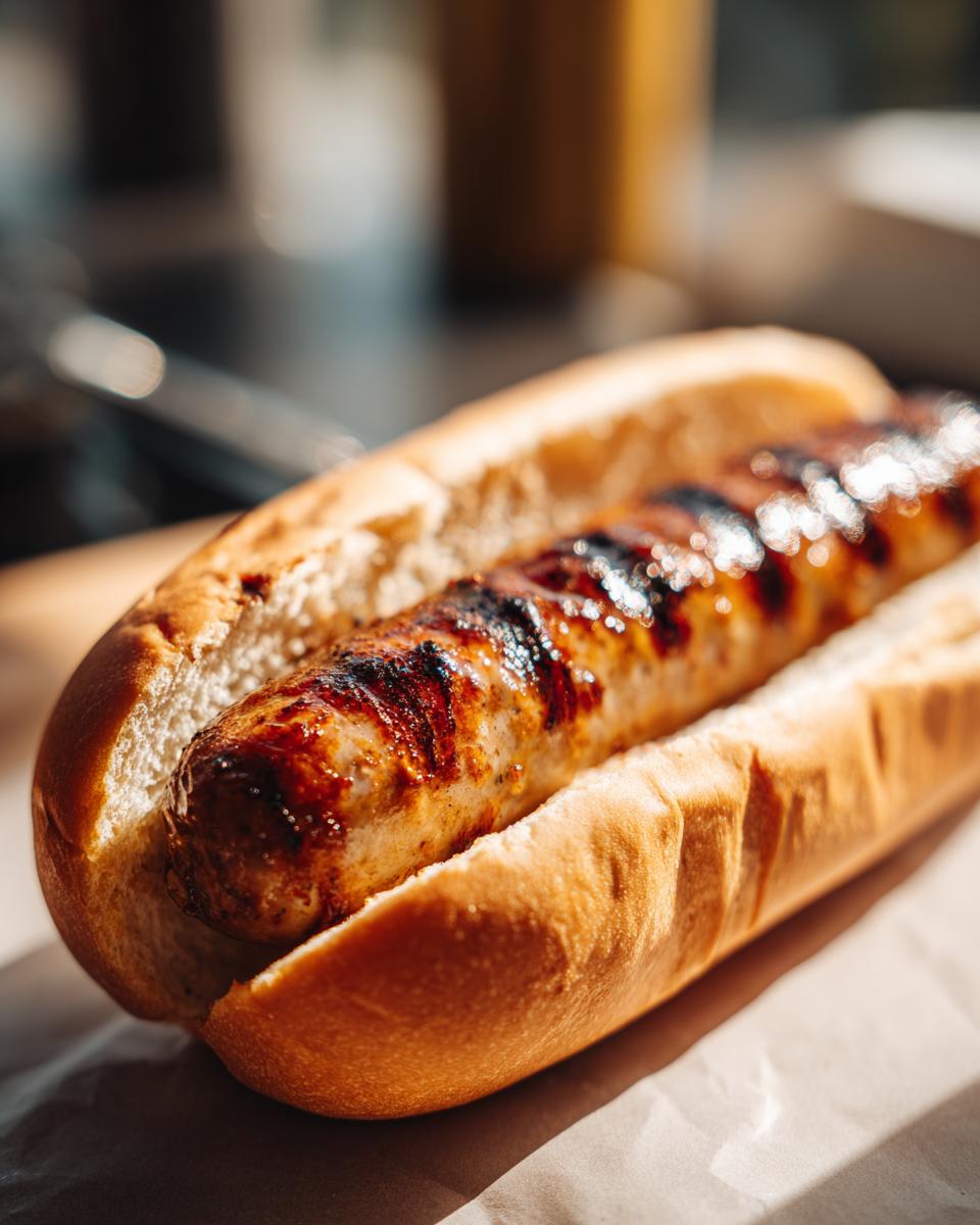 Close-up of a grilled, caramelized sausage in a soft bun, ready to eat, featuring char marks from grilling.