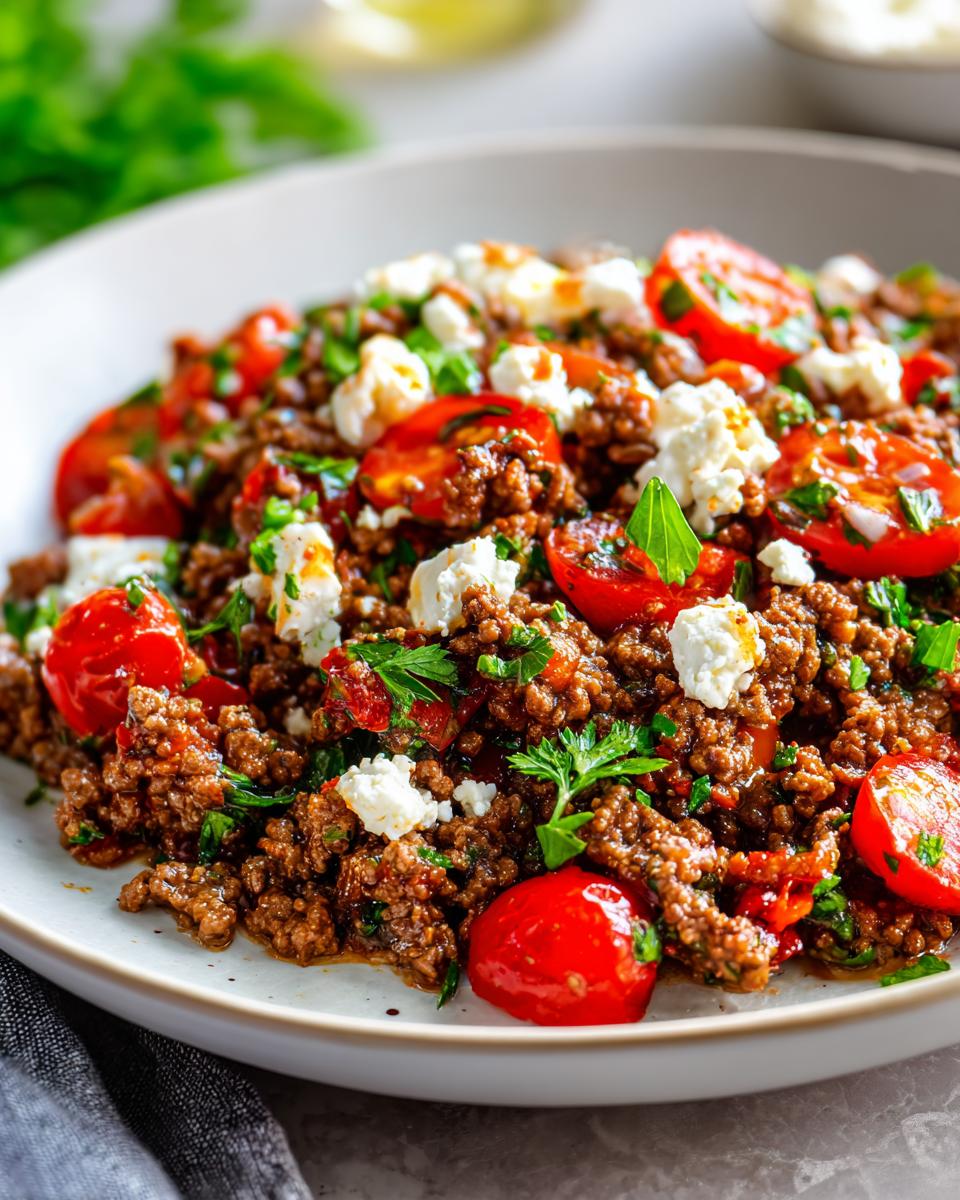 A close-up of the Mediterranean Ground Beef Stir Fry topped with halved cherry tomatoes, crumbled feta cheese, and fresh parsley.
