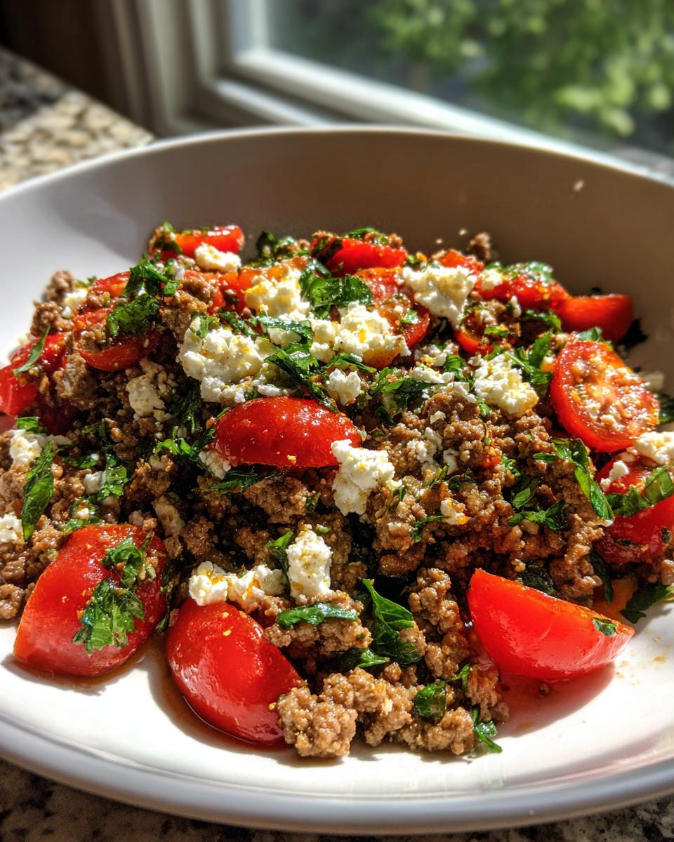 Close-up of Mediterranean Ground Beef Stir Fry topped with bright red cherry tomato halves and crumbled feta cheese.