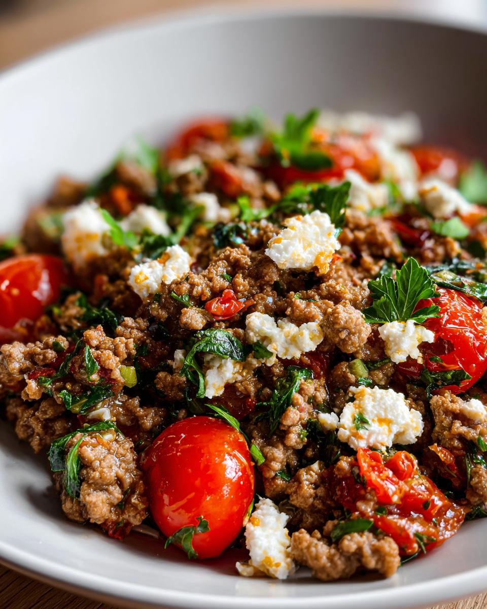 Close-up of Mediterranean Ground Beef Stir Fry topped with cherry tomatoes, feta cheese crumbles, and fresh parsley.