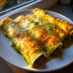 Three rolled Green Chile Enchiladas smothered in melted yellow and white cheese and green sauce.