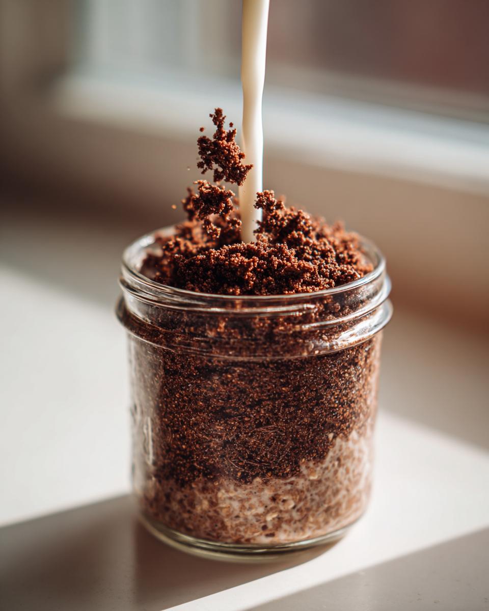 Milk being poured over the chocolate powder topping of Mocha Overnight Oats in a glass jar.