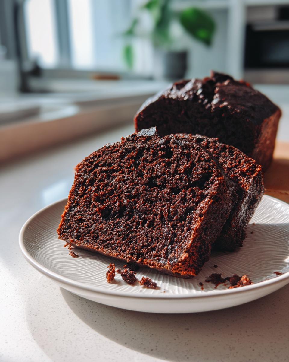 Two thick slices of moist Chocolate Zucchini Bread resting on a white plate with the loaf blurred in the background.