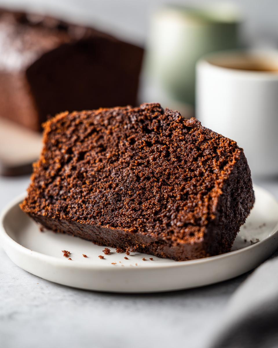 Close-up of a thick, moist slice of dark Chocolate Zucchini Bread Magic on a white plate.