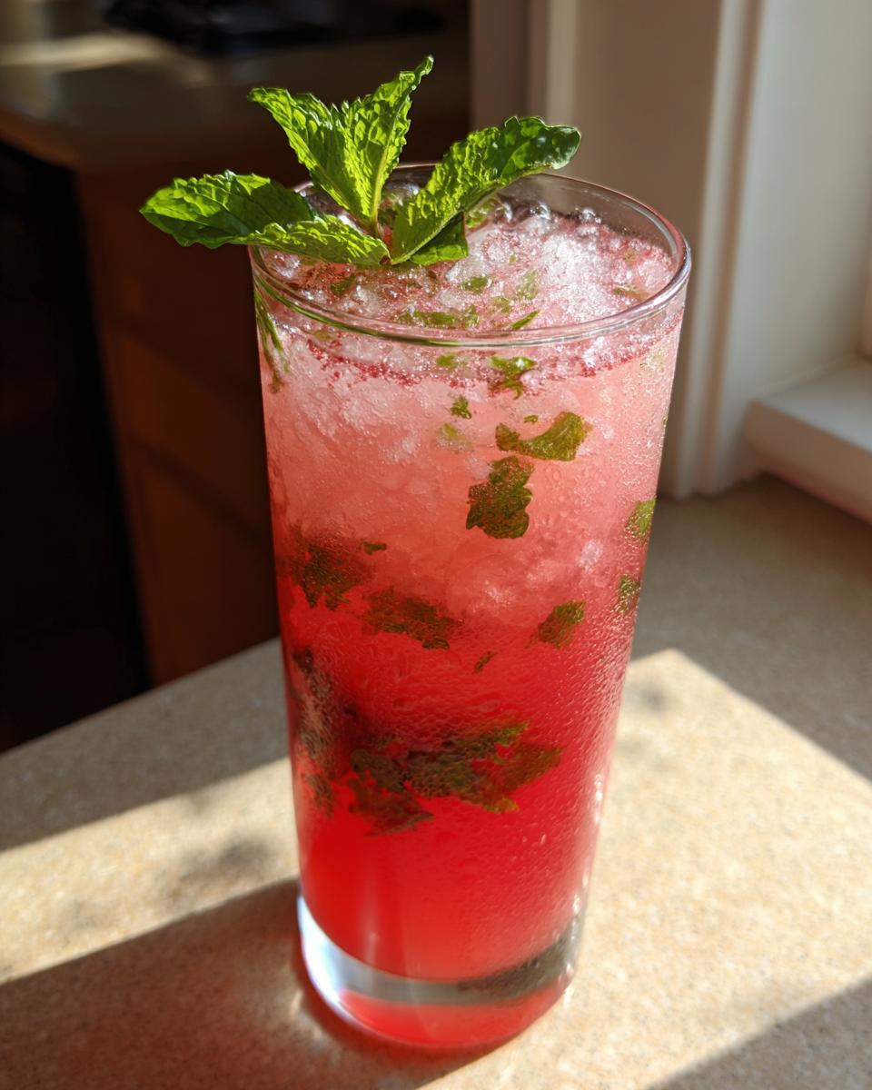 A tall, frosty glass filled with pink Mojito Watermelon drink, crushed ice, and fresh mint leaves.