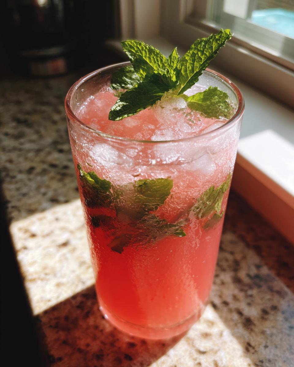 Close-up of a tall glass filled with pink Mojito Watermelon drink, crushed ice, and fresh mint leaves.