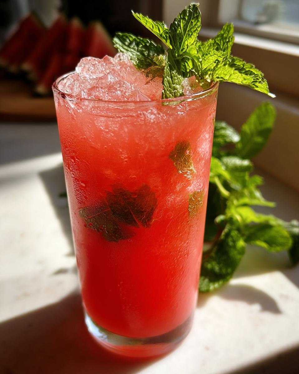 Close-up of a tall glass filled with bright red Mojito Watermelon drink, crushed ice, and fresh mint.